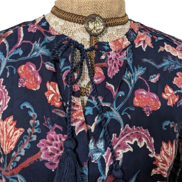 Lucky Brand floral popover necktie blouse with tassels - Picture 3 of 6